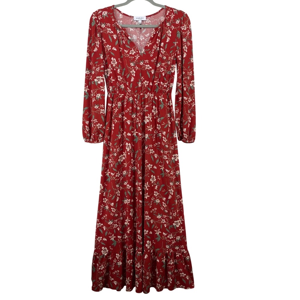 Gilli Size Small Maxi Dress Red Floral Long Sleeve Elastic Waist Ruffle Hem
